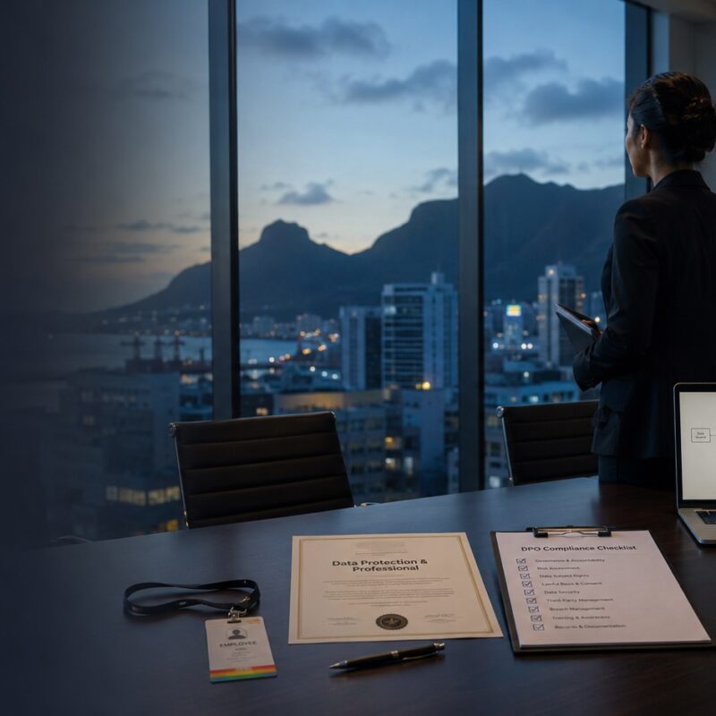 In-house data protection officer reviewing compliance documents in a modern Mauritius office overlooking Port Louis at dusk.
