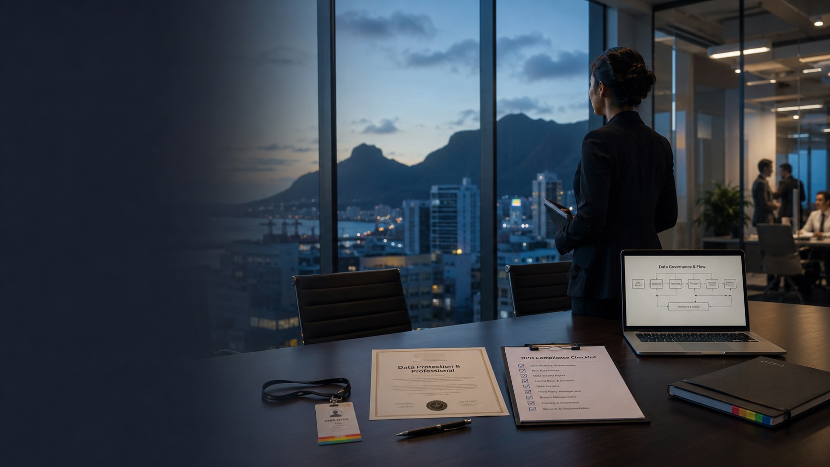 In-house data protection officer reviewing compliance documents in a modern Mauritius office overlooking Port Louis at dusk.