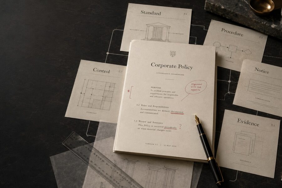 Corporate policy documents linked across policy, procedure, control and evidence layers, illustrating systematic governance review.