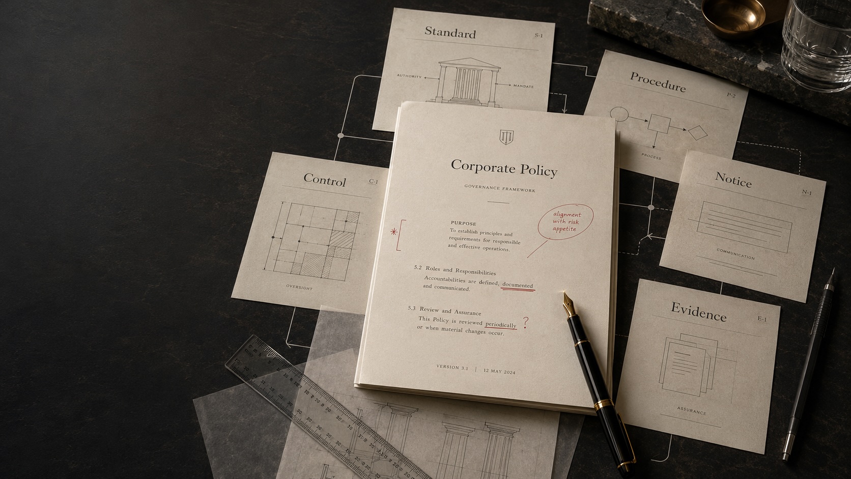 Corporate policy documents linked across policy, procedure, control and evidence layers, illustrating systematic governance review.