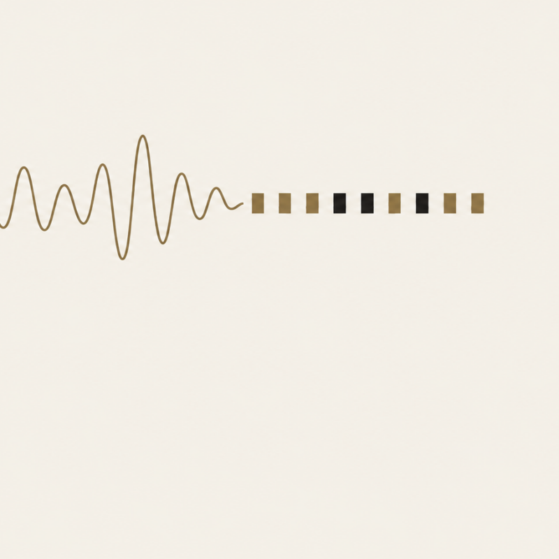 A continuous brass waveform resolving into a row of discrete blocks that sit still, illustrating the difference between a live call and a message stored until it is collected.