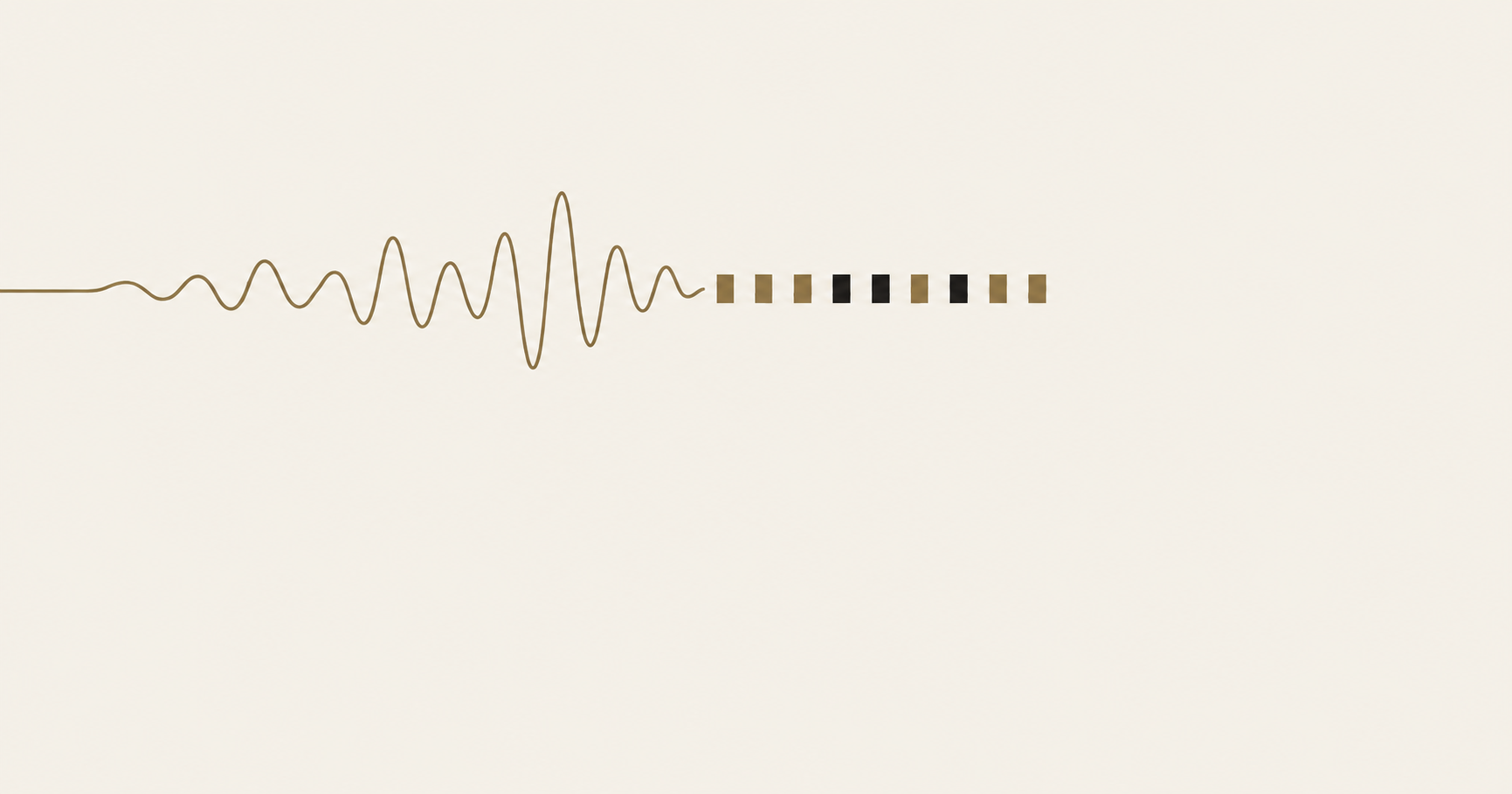 A continuous brass waveform resolving into a row of discrete blocks that sit still, illustrating the difference between a live call and a message stored until it is collected.
