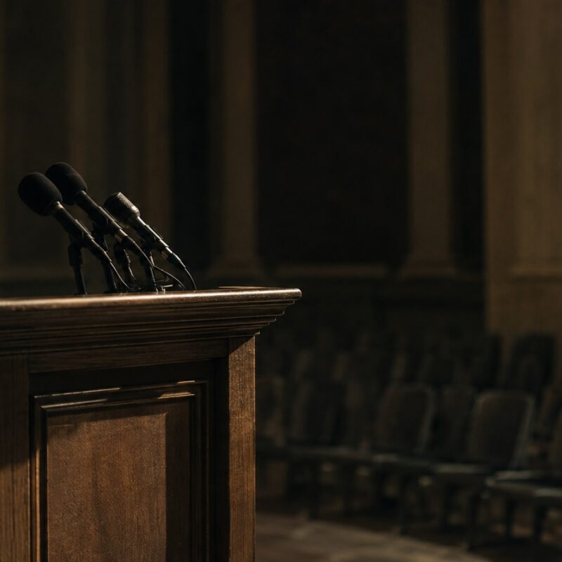 An empty wooden lectern with a cluster of microphones facing rows of vacant chairs in a dimly lit briefing room.