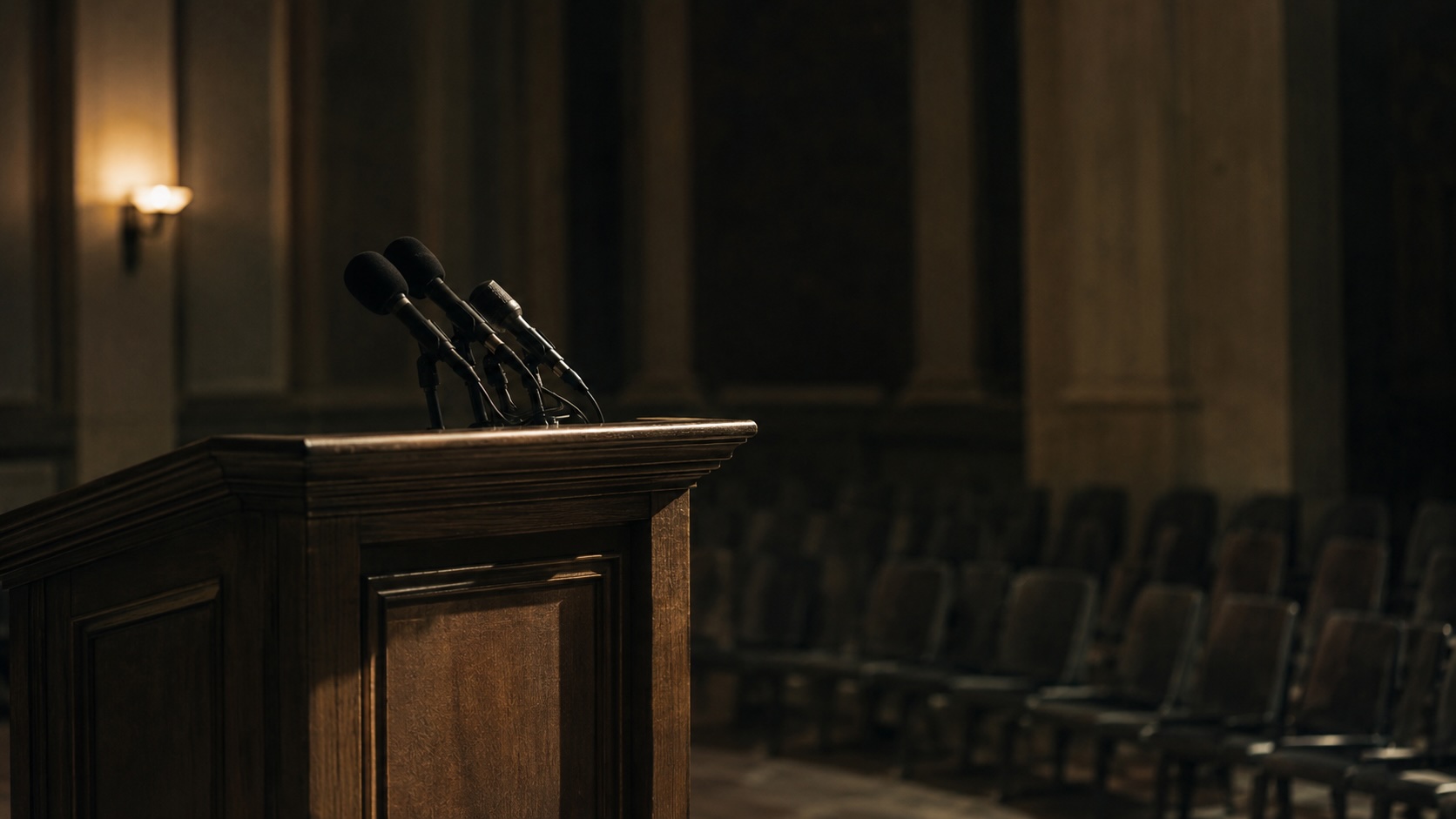 An empty wooden lectern with a cluster of microphones facing rows of vacant chairs in a dimly lit briefing room.