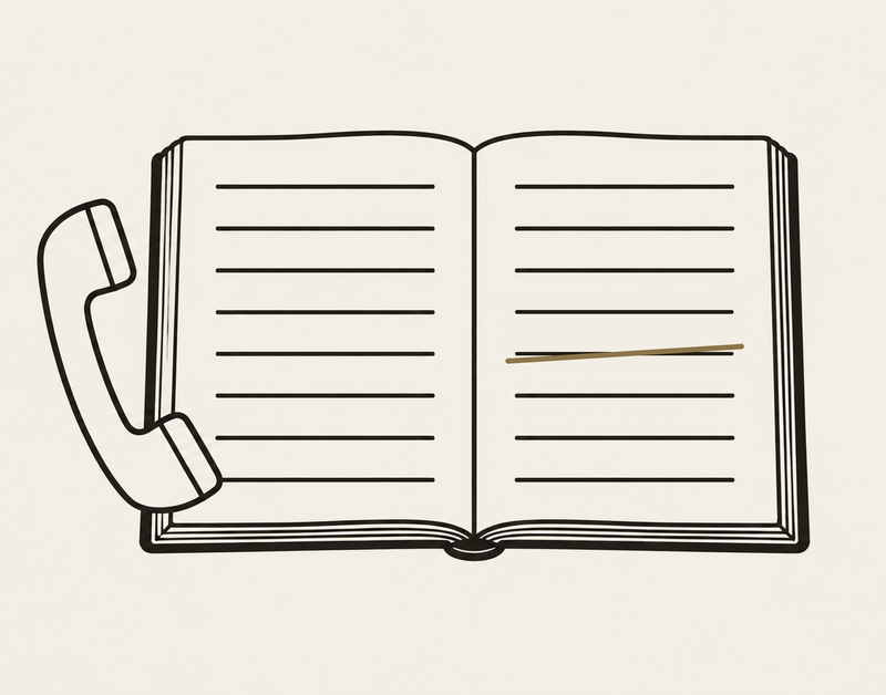 Illustration of an open ledger with one entry struck through in brass, beside a telephone handset.