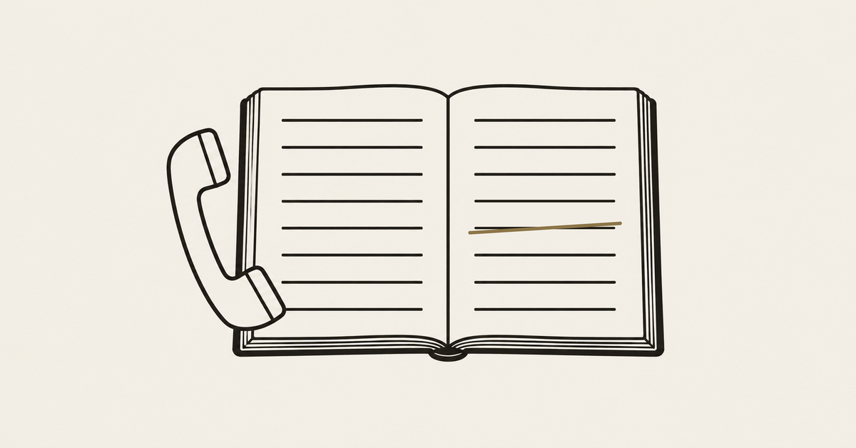 Illustration of an open ledger with one entry struck through in brass, beside a telephone handset.
